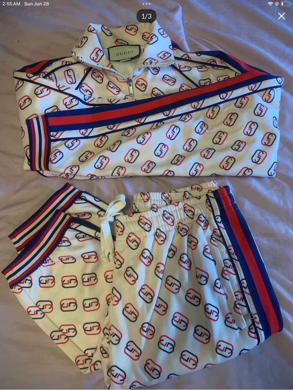 Authentic Gucci White Logo-Print tracksuit Set with Red & Blue Stripe Trim